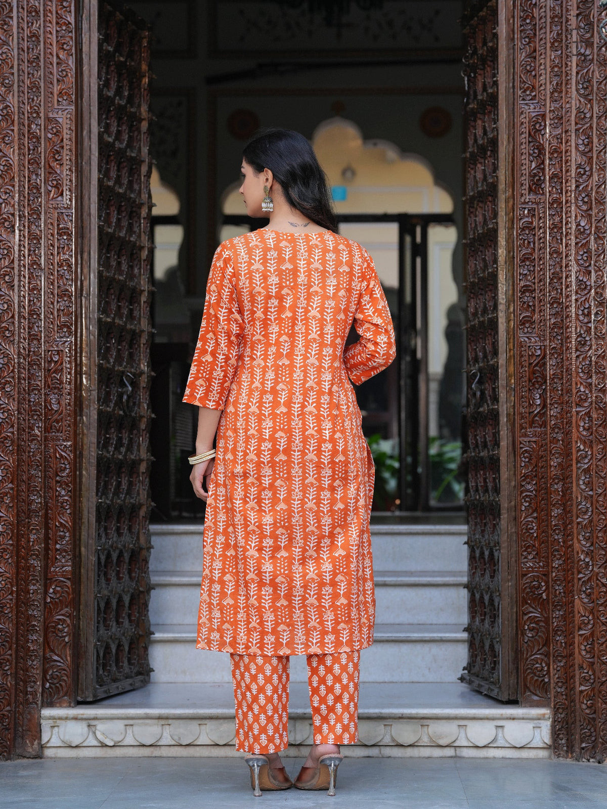 Rangvastra Orange Cotton Emb. Printed Kurta Pant Dupatta Set