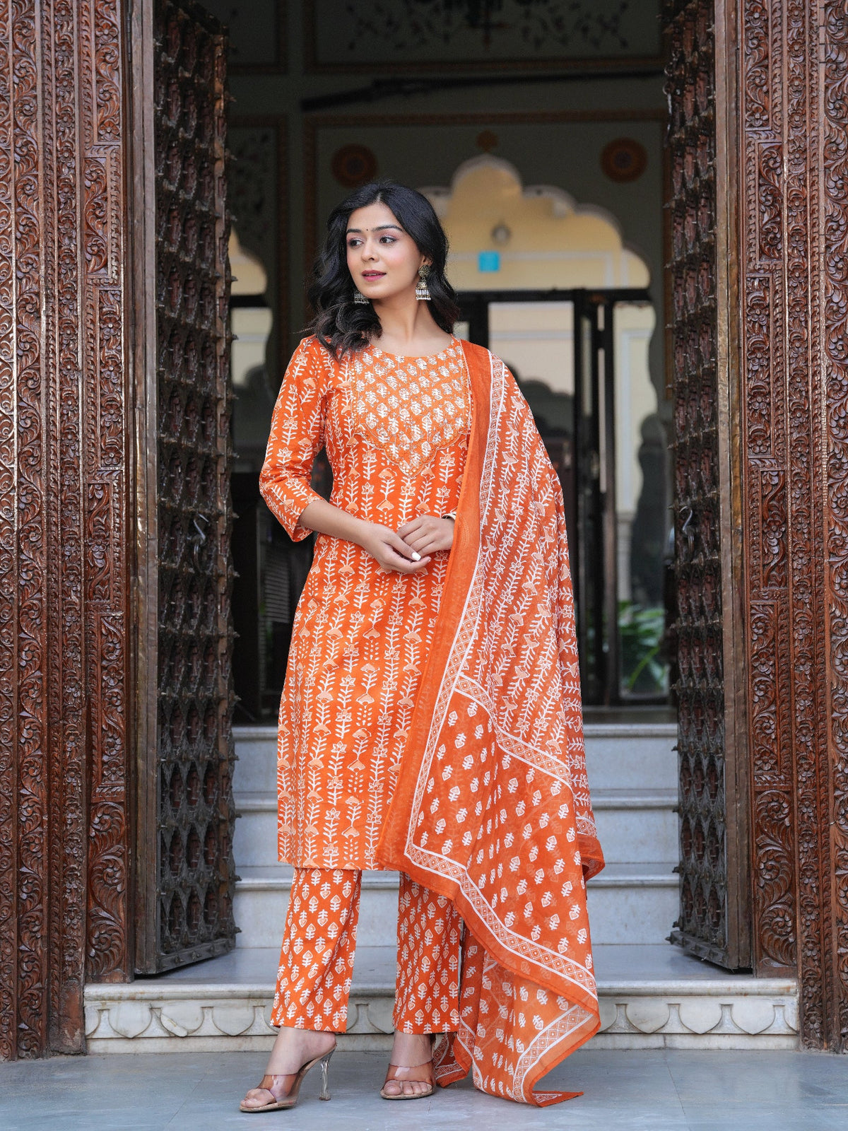 Rangvastra Orange Cotton Emb. Printed Kurta Pant Dupatta Set