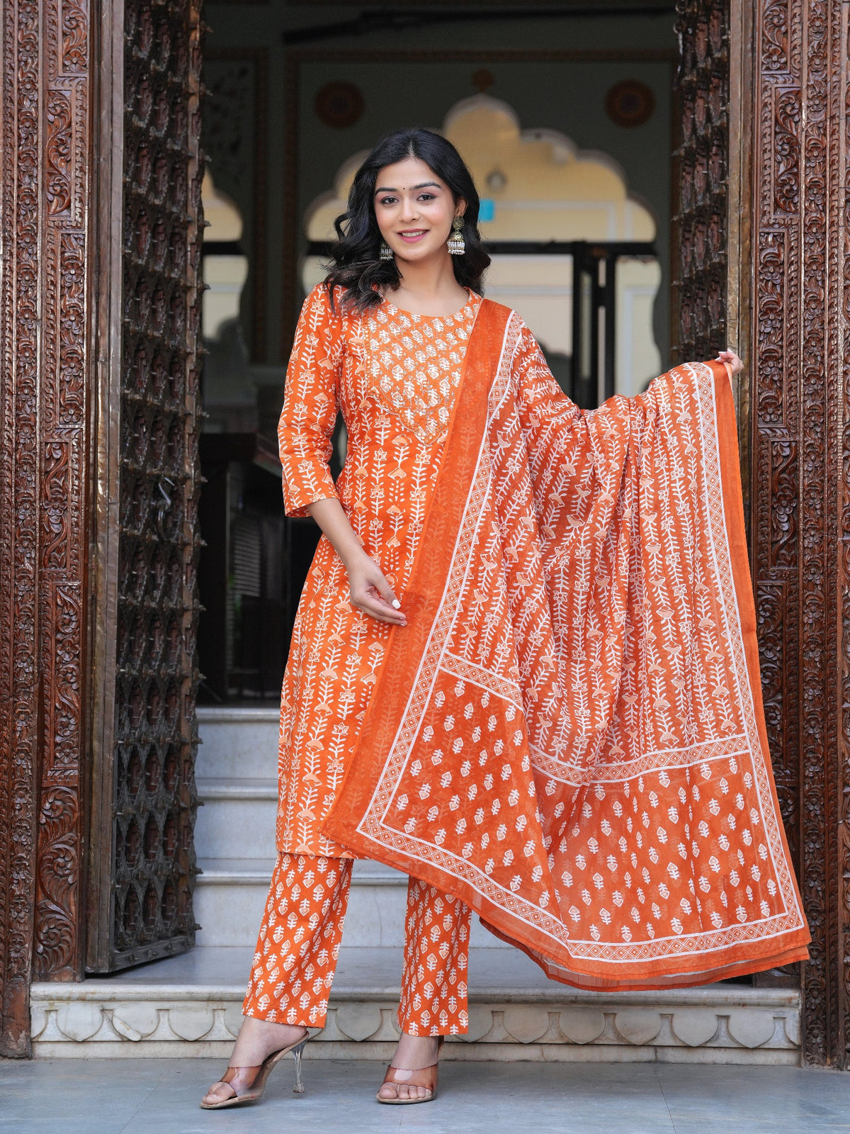 Rangvastra Orange Cotton Emb. Printed Kurta Pant Dupatta Set