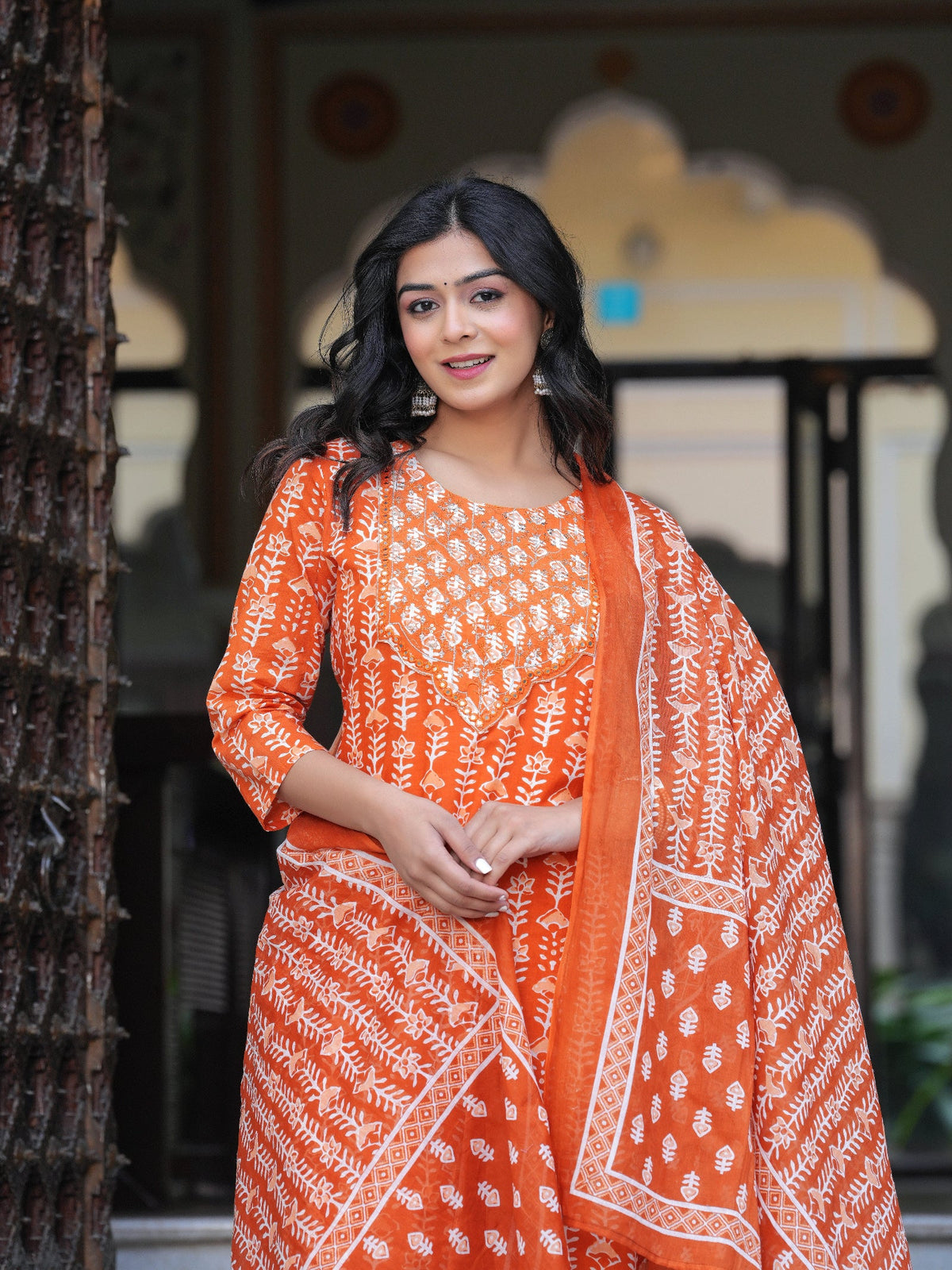 Rangvastra Orange Cotton Emb. Printed Kurta Pant Dupatta Set