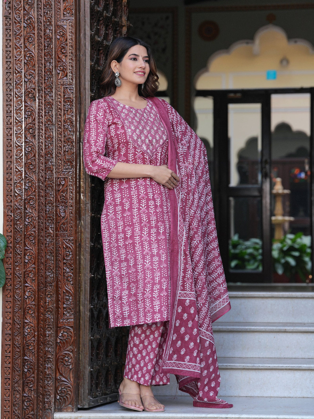 Rangvastra Cotton Emb. Printed Kurta Pant With Dupatta Set