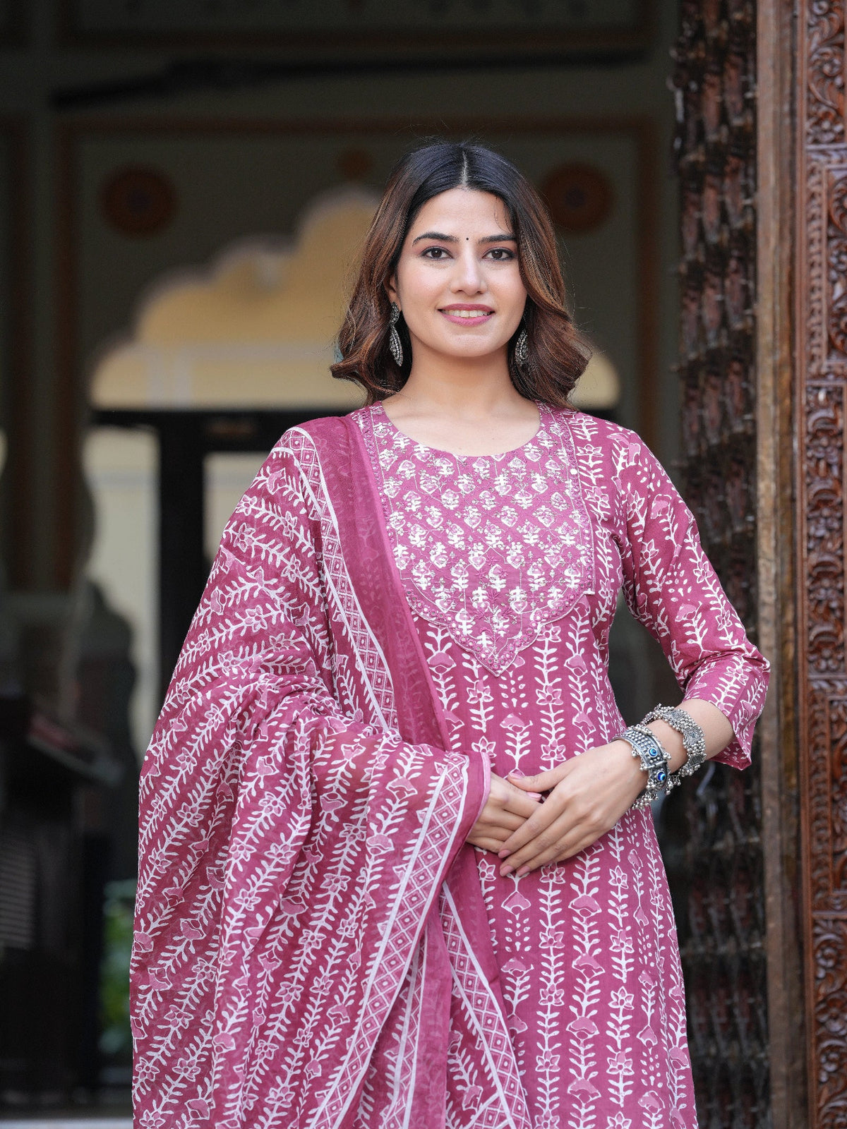 Rangvastra Cotton Emb. Printed Kurta Pant With Dupatta Set