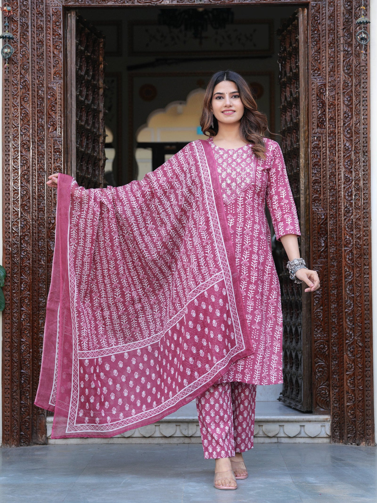 Rangvastra Cotton Emb. Printed Kurta Pant With Dupatta Set