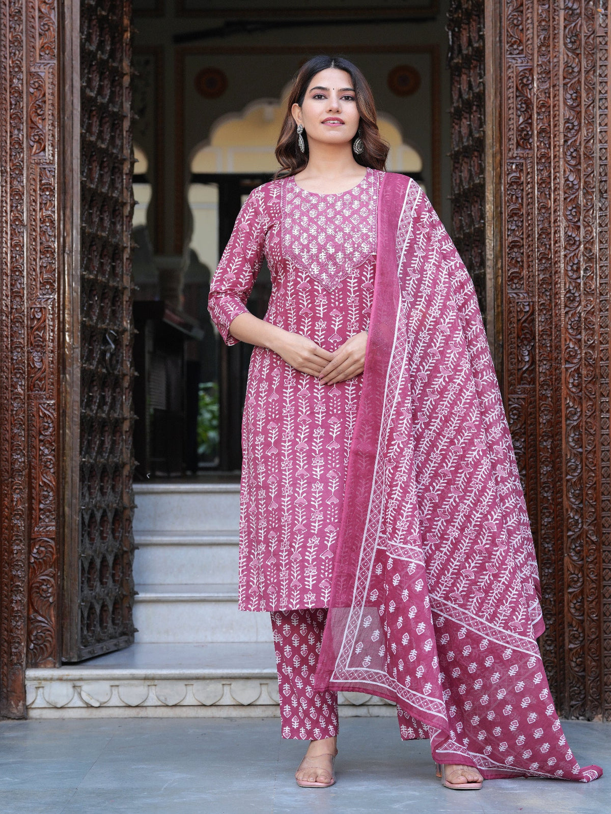 Rangvastra Cotton Emb. Printed Kurta Pant With Dupatta Set