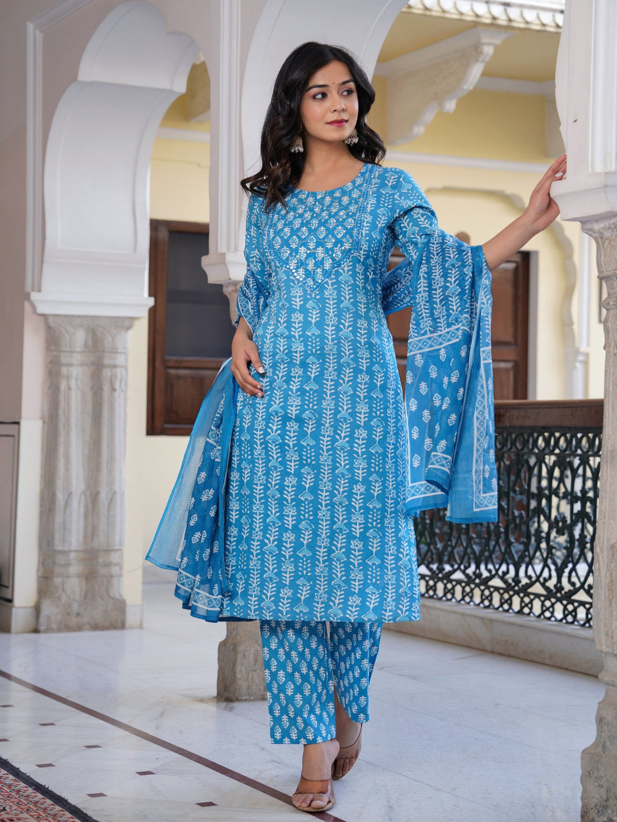 Rangvastra Blue Cotton Emb. Printed Kurta Pant Dupatta Set