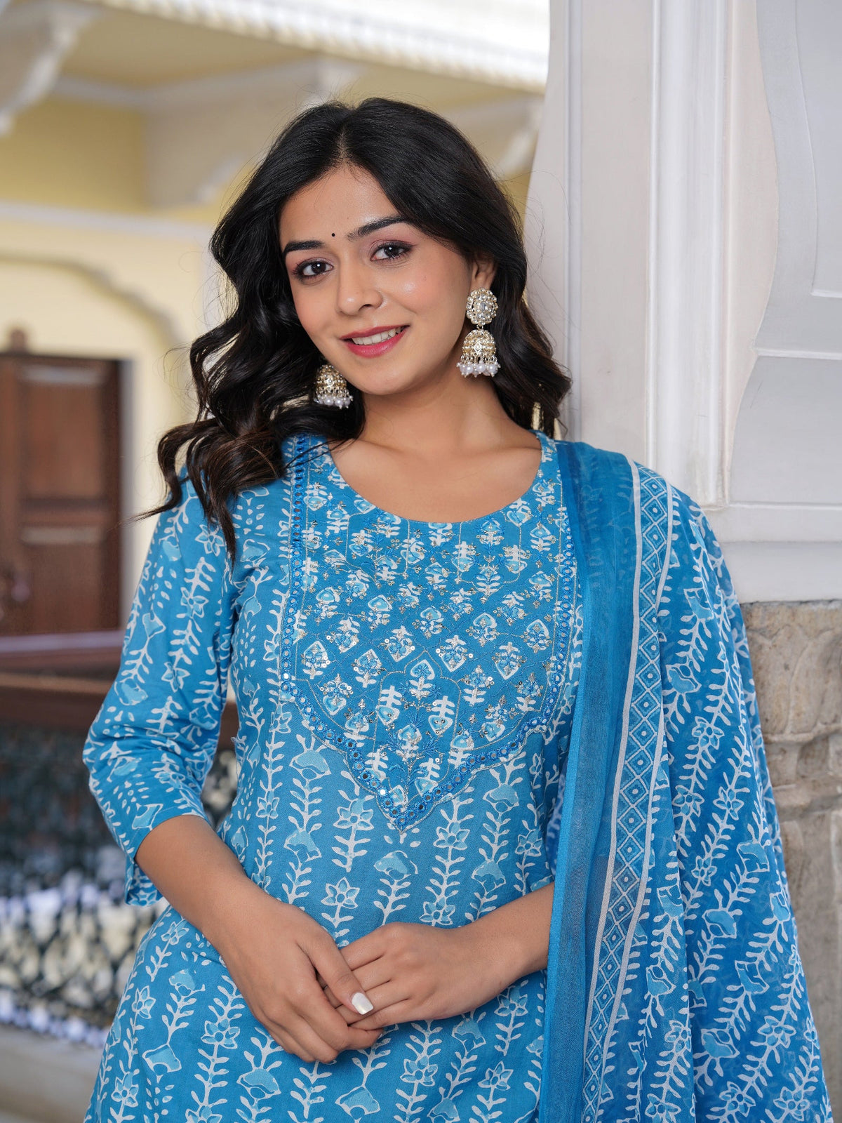 Rangvastra Blue Cotton Emb. Printed Kurta Pant Dupatta Set