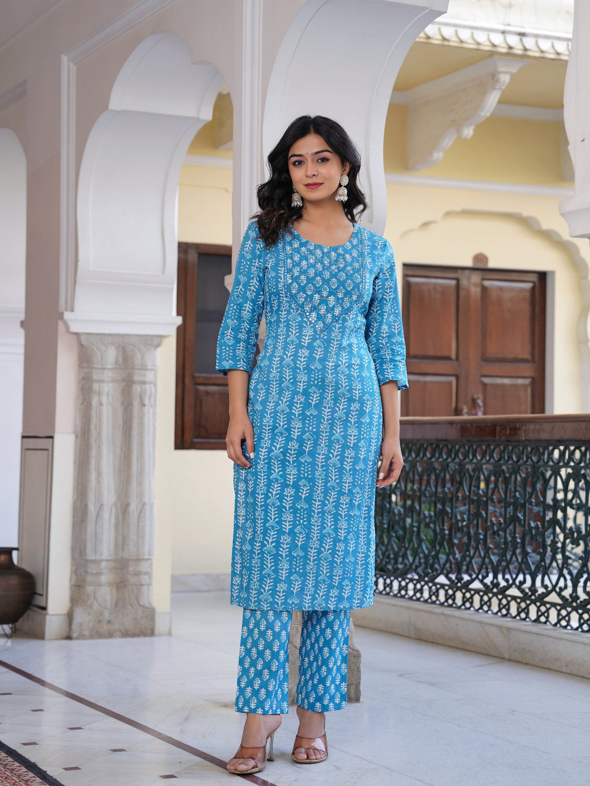 Rangvastra Blue Cotton Emb. Printed Kurta Pant Dupatta Set