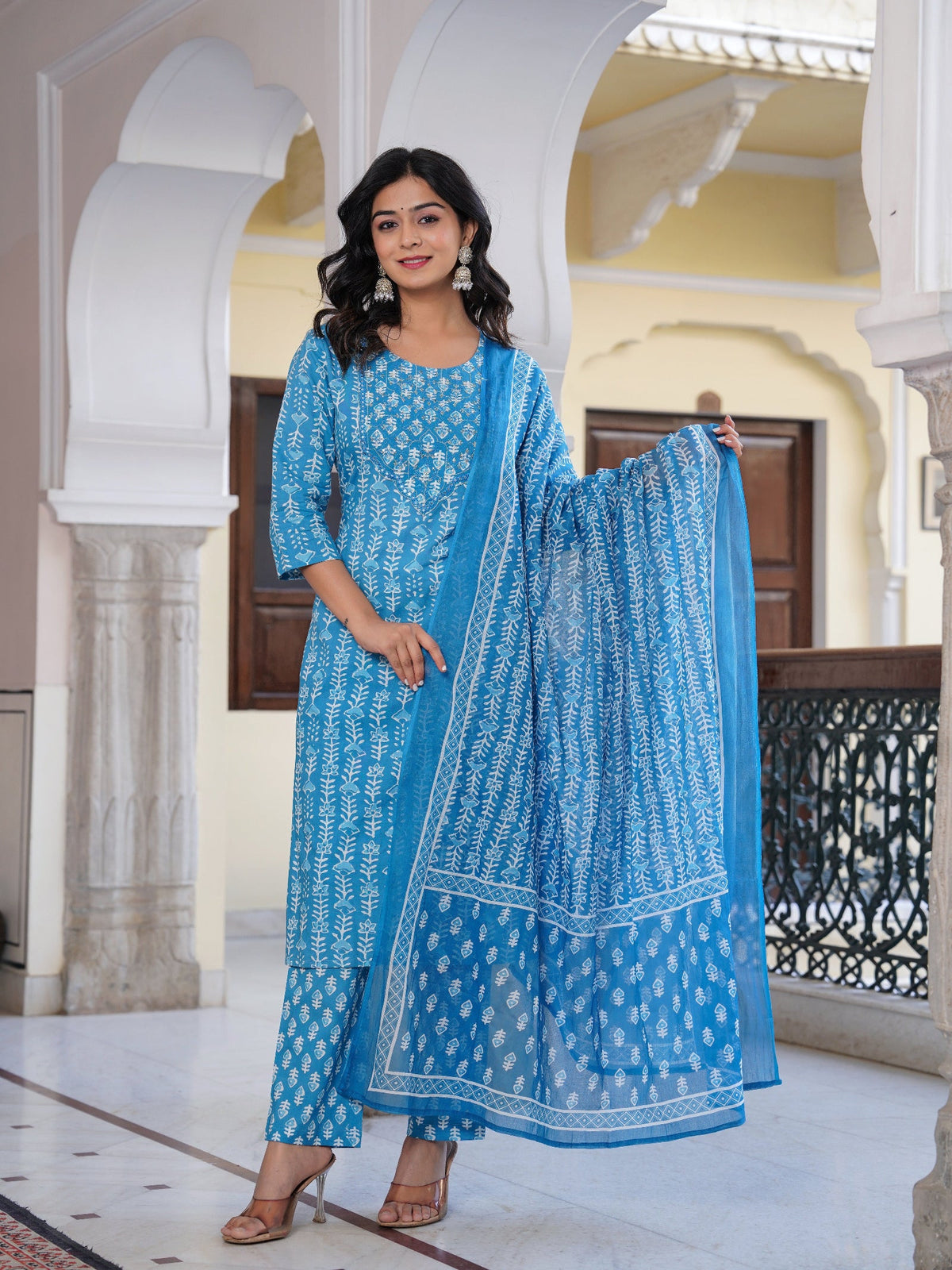 Rangvastra Blue Cotton Emb. Printed Kurta Pant Dupatta Set