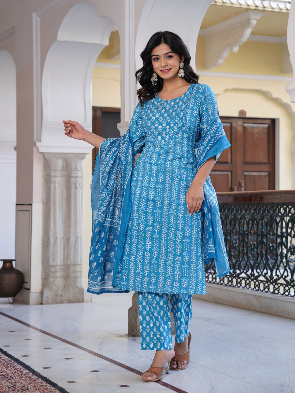 Rangvastra Blue Cotton Emb. Printed Kurta Pant Dupatta Set