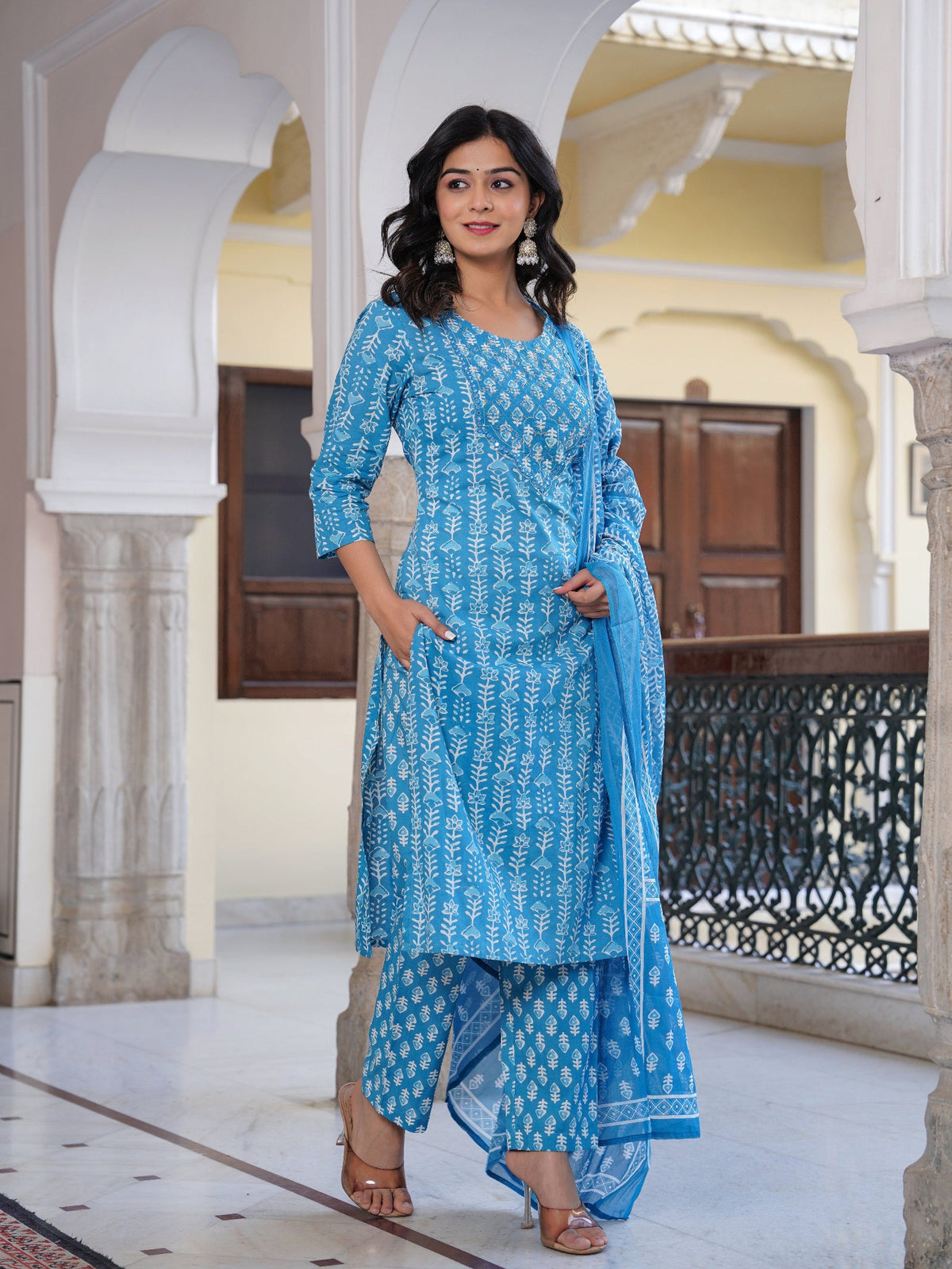 Rangvastra Blue Cotton Emb. Printed Kurta Pant Dupatta Set