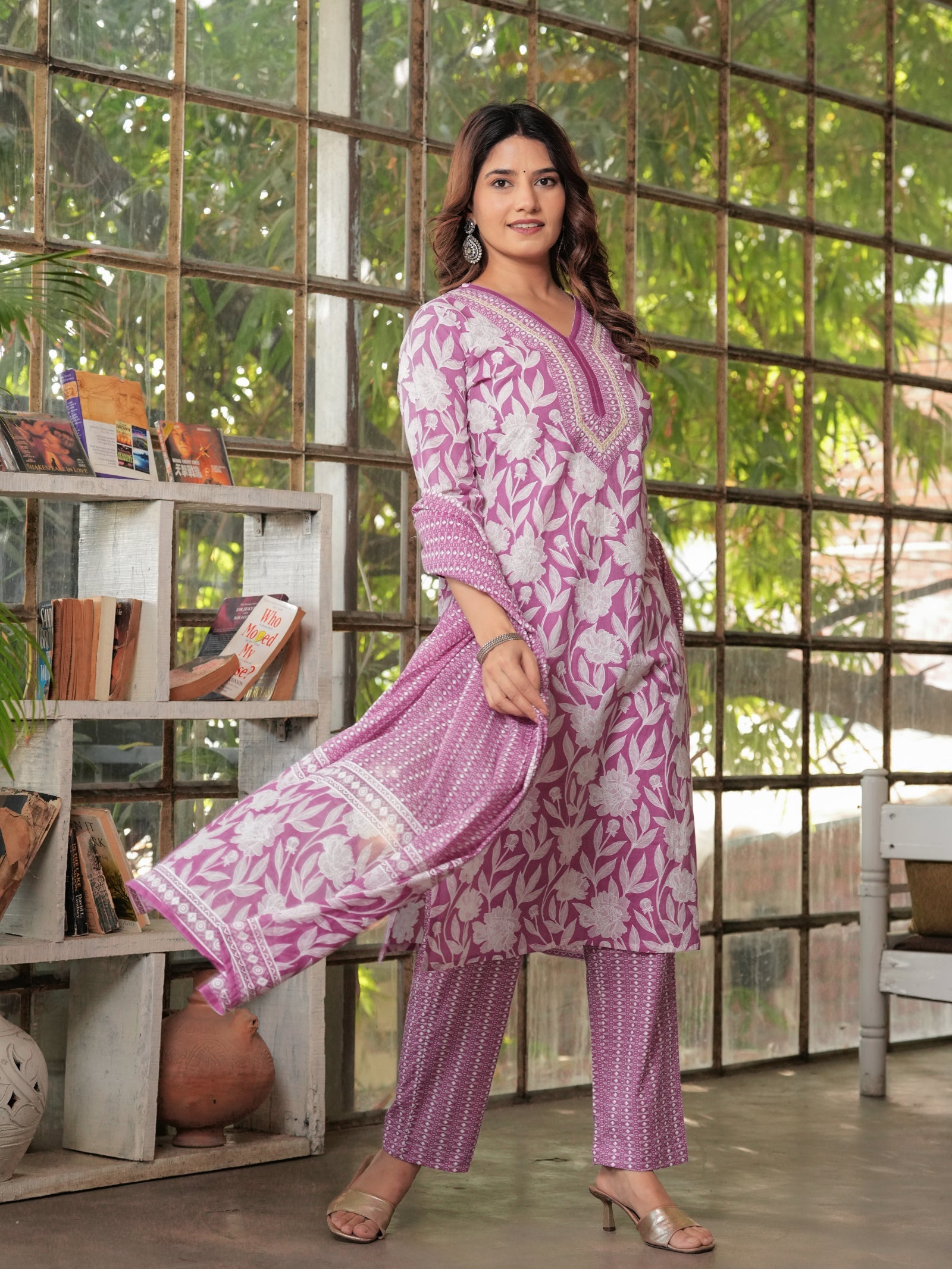 Maluka Women’s Purple, Yellow, Grey & Pink Straight Kurta Set with Dupatta