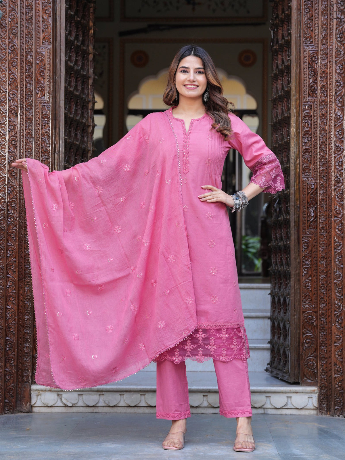 Rangvastra Pink Cotton Solid Emb. Kurta Pant With Dupatta Set