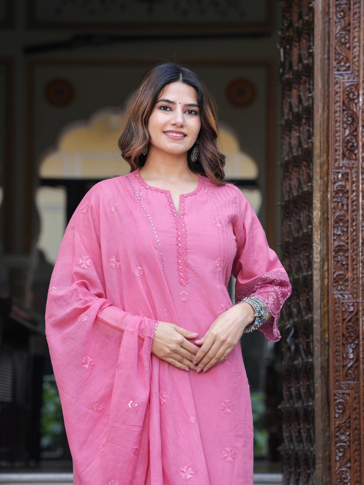 Rangvastra Pink Cotton Solid Emb. Kurta Pant With Dupatta Set