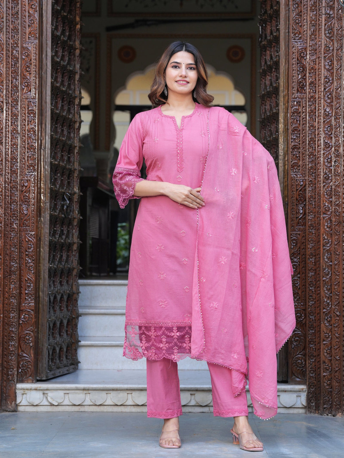 Rangvastra Pink Cotton Solid Emb. Kurta Pant With Dupatta Set