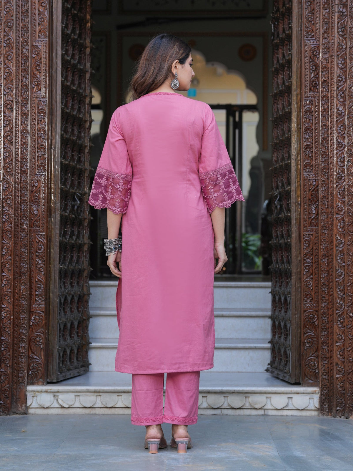 Rangvastra Pink Cotton Solid Emb. Kurta Pant With Dupatta Set
