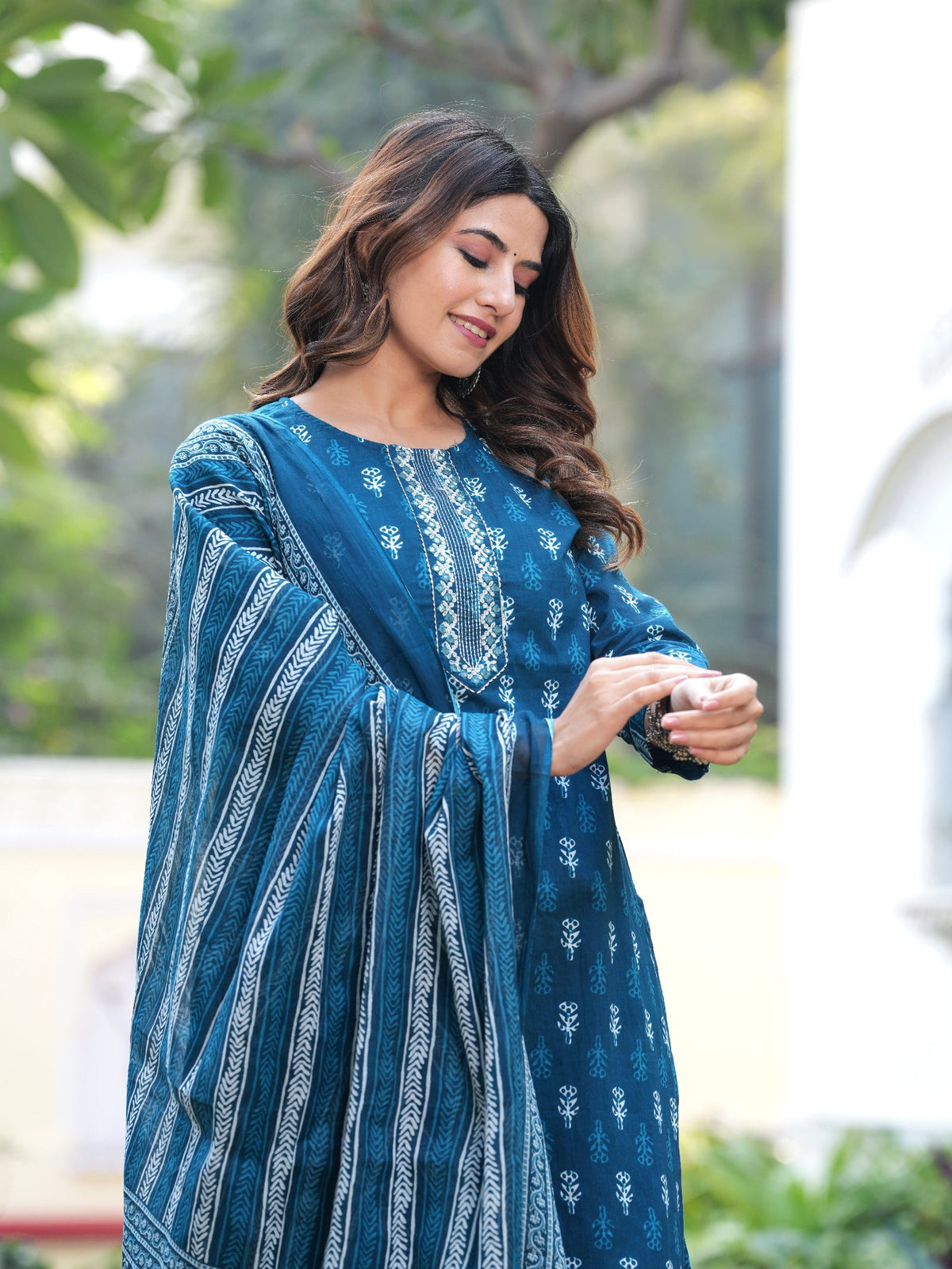 Rangvastra Cotton Blue Kurta Pant With Dupatta Set