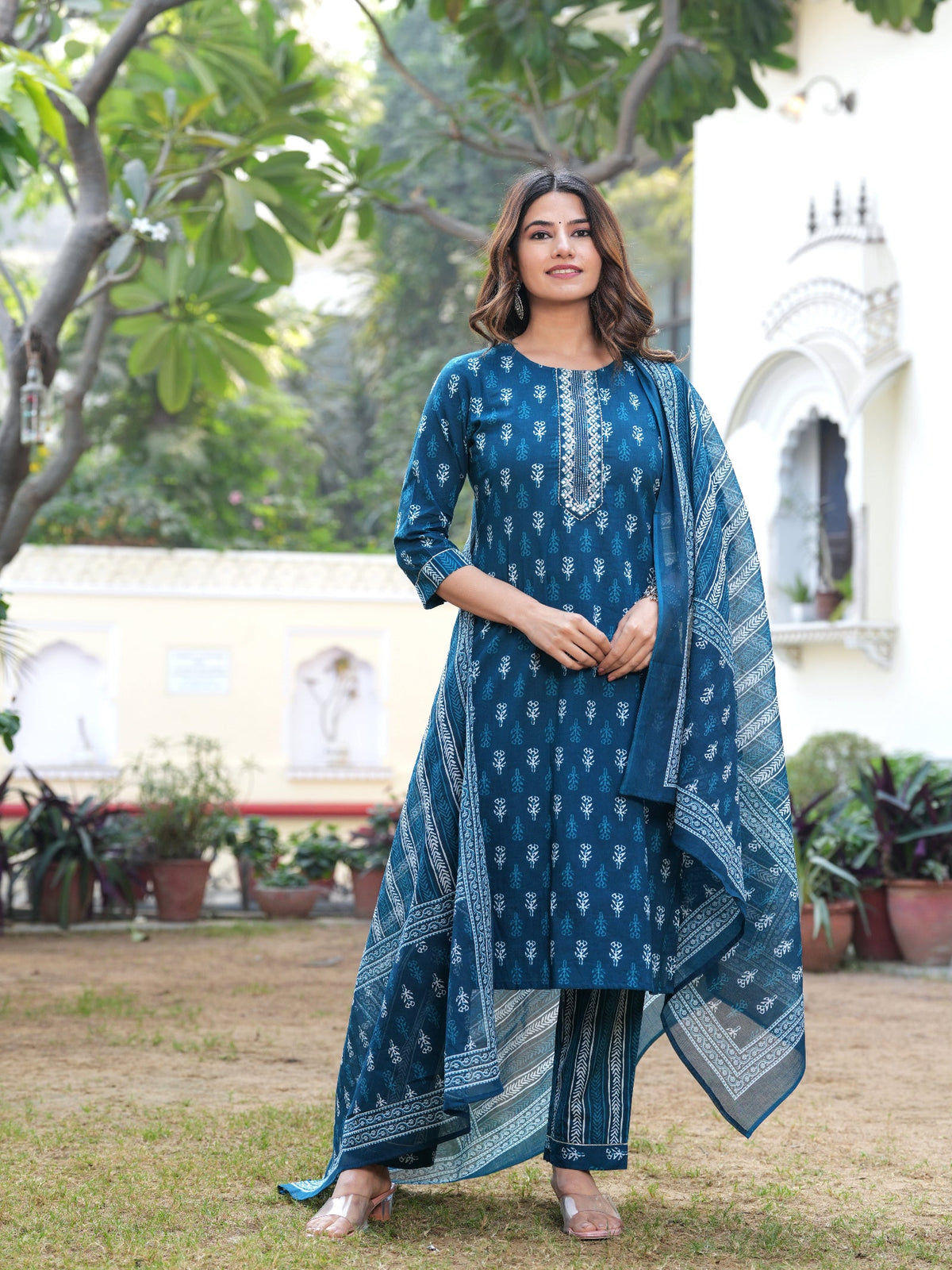 Rangvastra Cotton Blue Kurta Pant With Dupatta Set