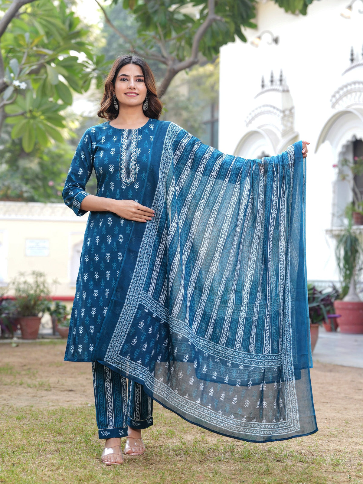 Rangvastra Cotton Blue Kurta Pant With Dupatta Set