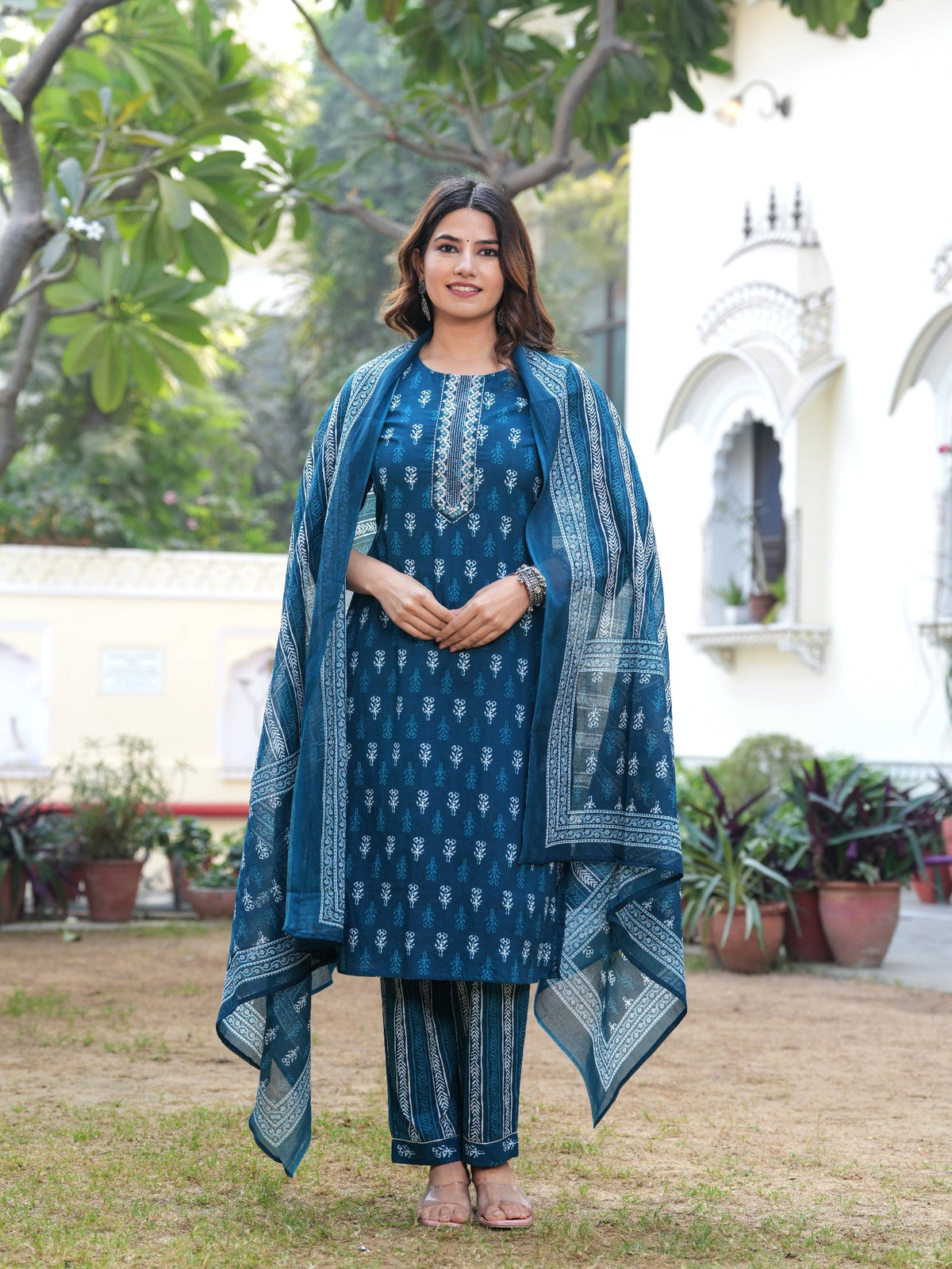 Rangvastra Cotton Blue Kurta Pant With Dupatta Set