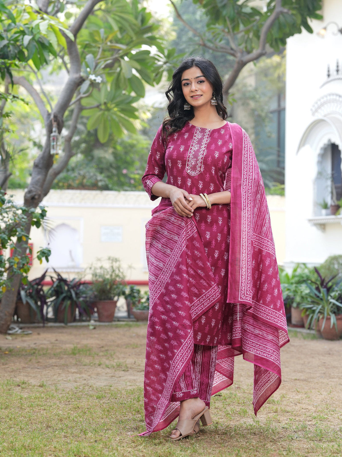 Rangvastra Dark Pink Cotton Printed Kurta Pant Dupatta Set
