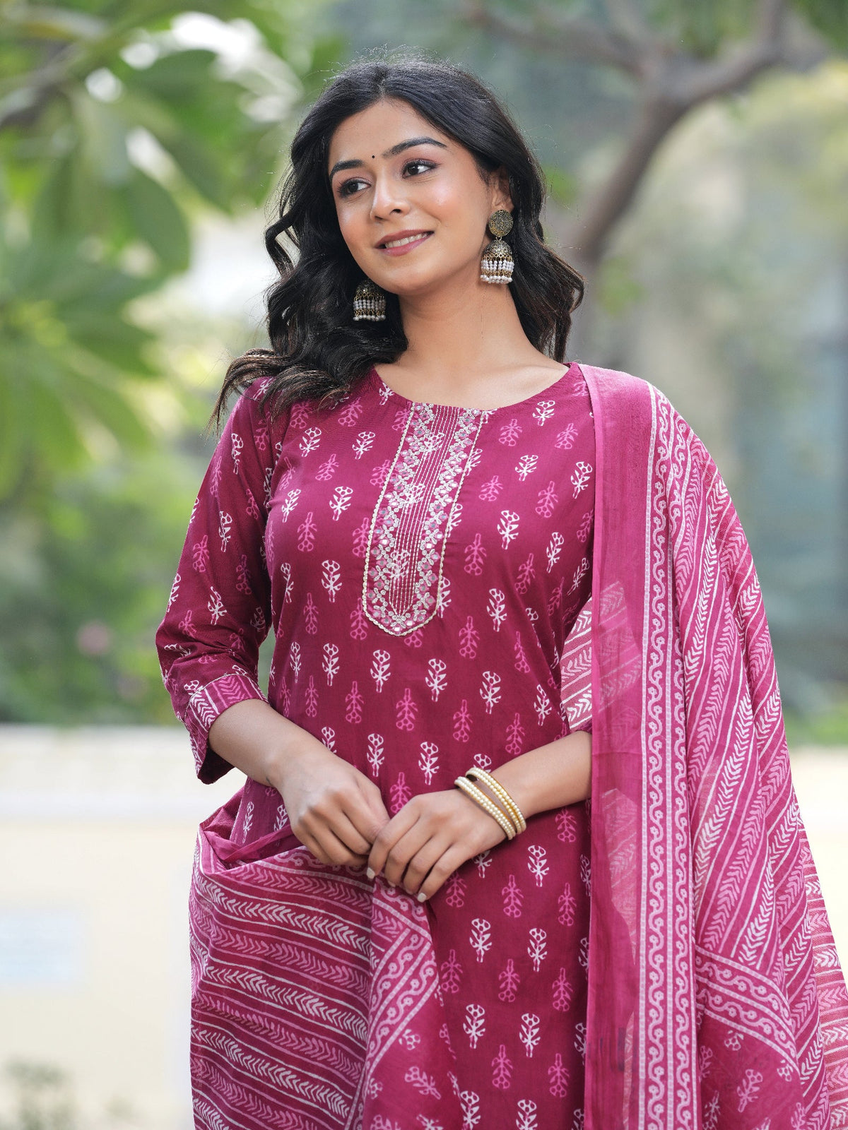 Rangvastra Dark Pink Cotton Printed Kurta Pant Dupatta Set