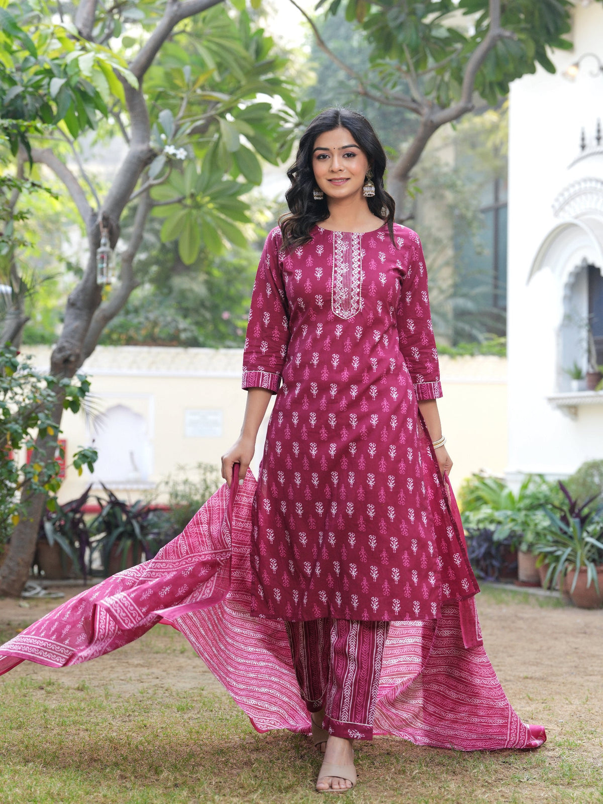 Rangvastra Dark Pink Cotton Printed Kurta Pant Dupatta Set