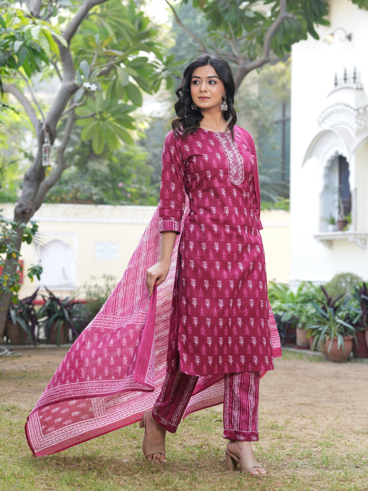 Rangvastra Dark Pink Cotton Printed Kurta Pant Dupatta Set