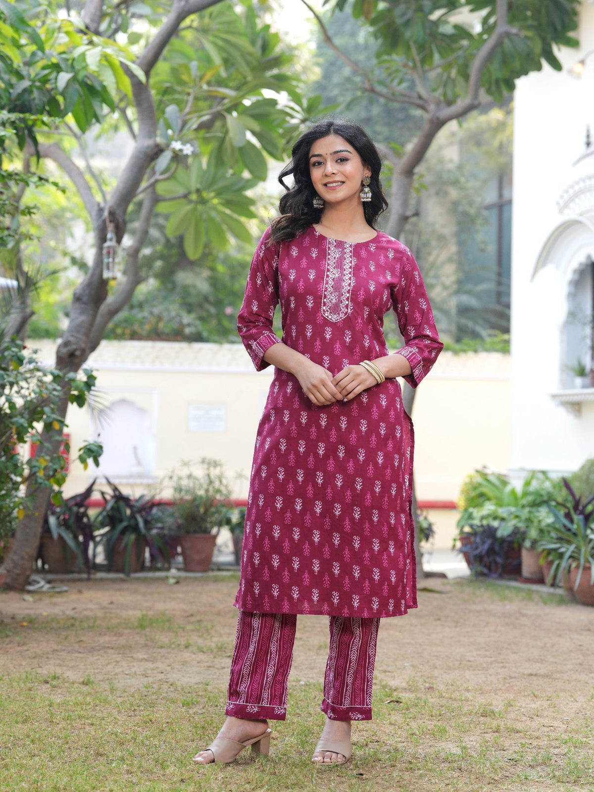 Rangvastra Dark Pink Cotton Printed Kurta Pant Dupatta Set
