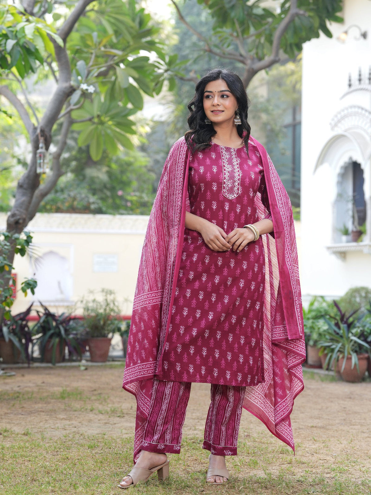 Rangvastra Dark Pink Cotton Printed Kurta Pant Dupatta Set