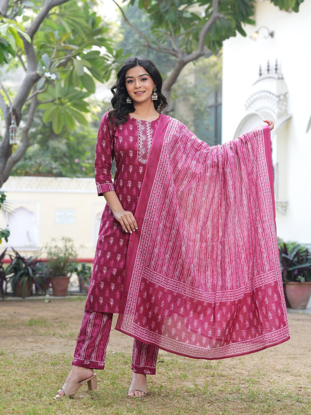 Rangvastra Dark Pink Cotton Printed Kurta Pant Dupatta Set