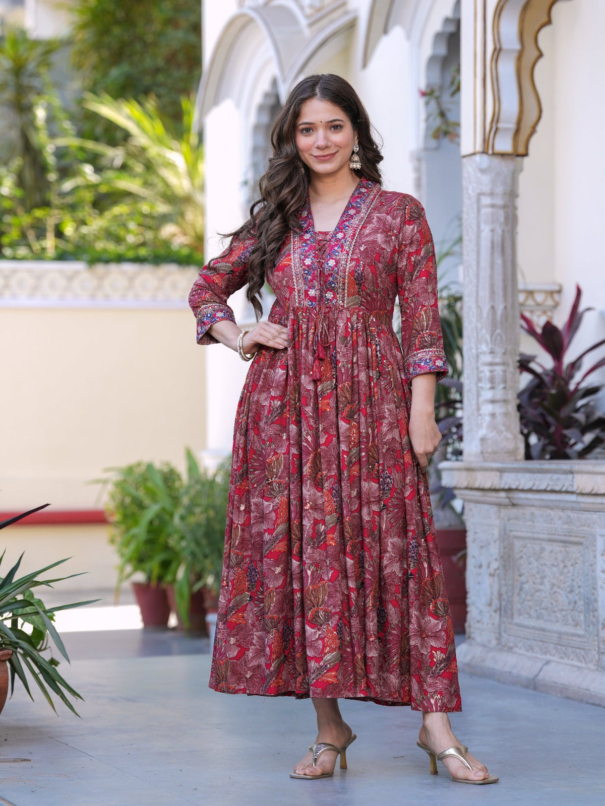 Rangvastra Maroon Floral Rayon Foil Kurta Gown