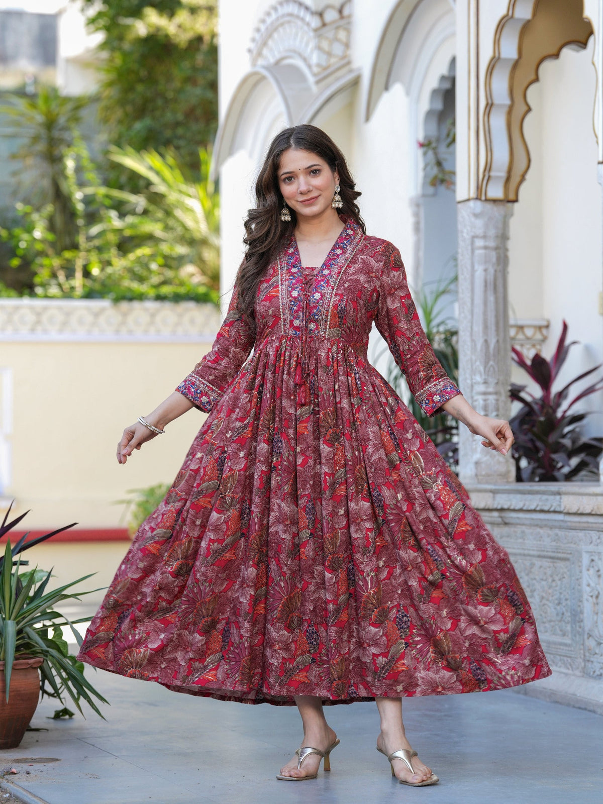 Rangvastra Maroon Floral Rayon Foil Kurta Gown
