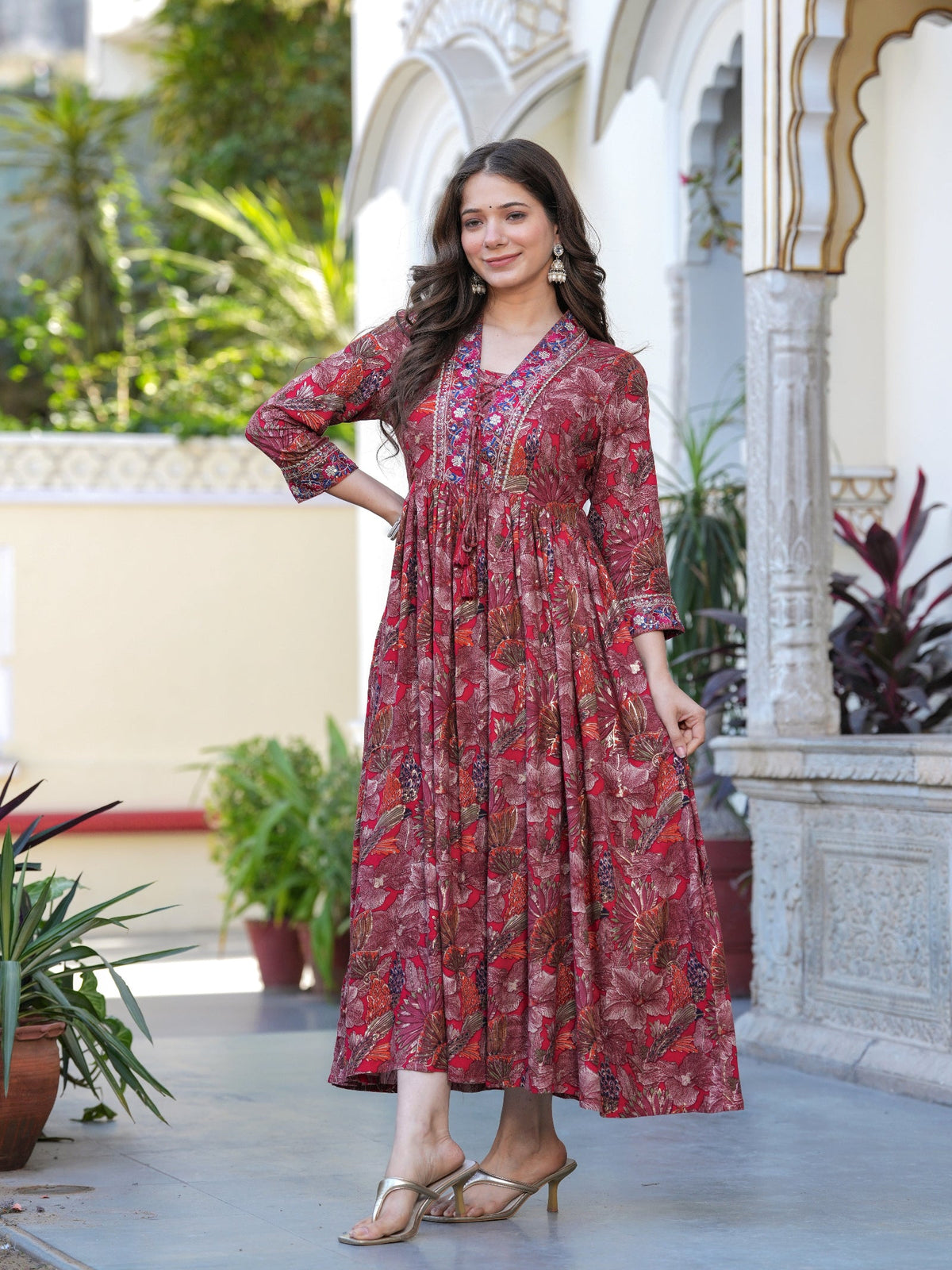 Rangvastra Maroon Floral Rayon Foil Kurta Gown