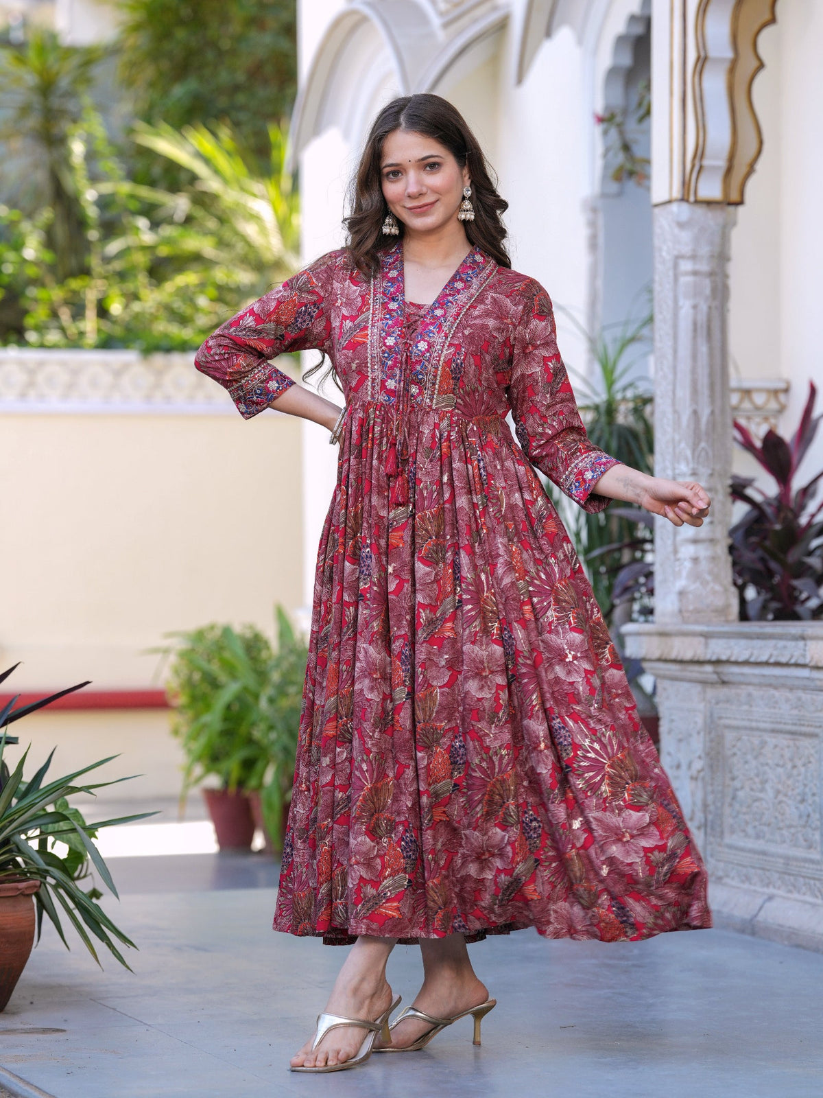 Rangvastra Maroon Floral Rayon Foil Kurta Gown