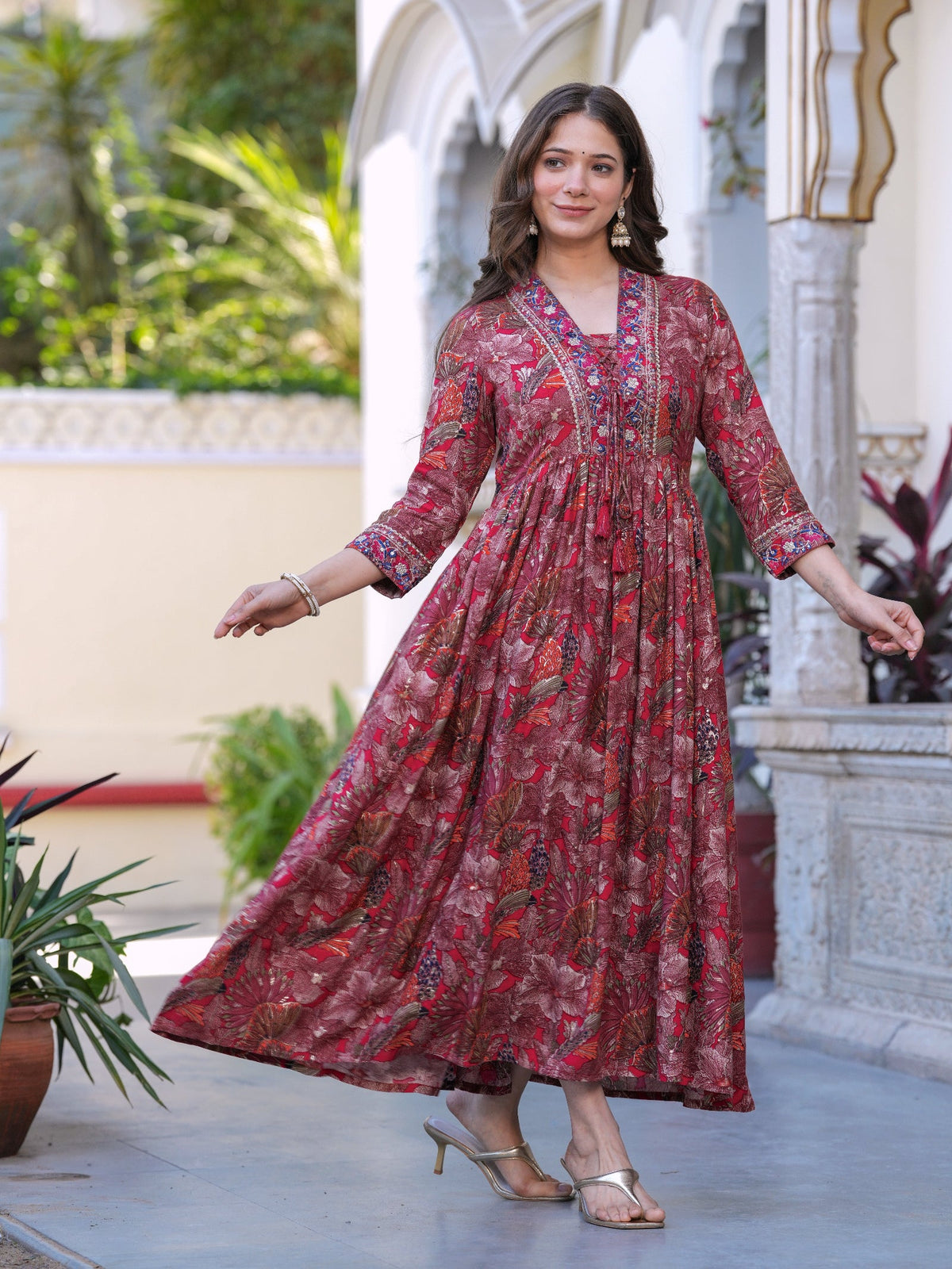 Rangvastra Maroon Floral Rayon Foil Kurta Gown