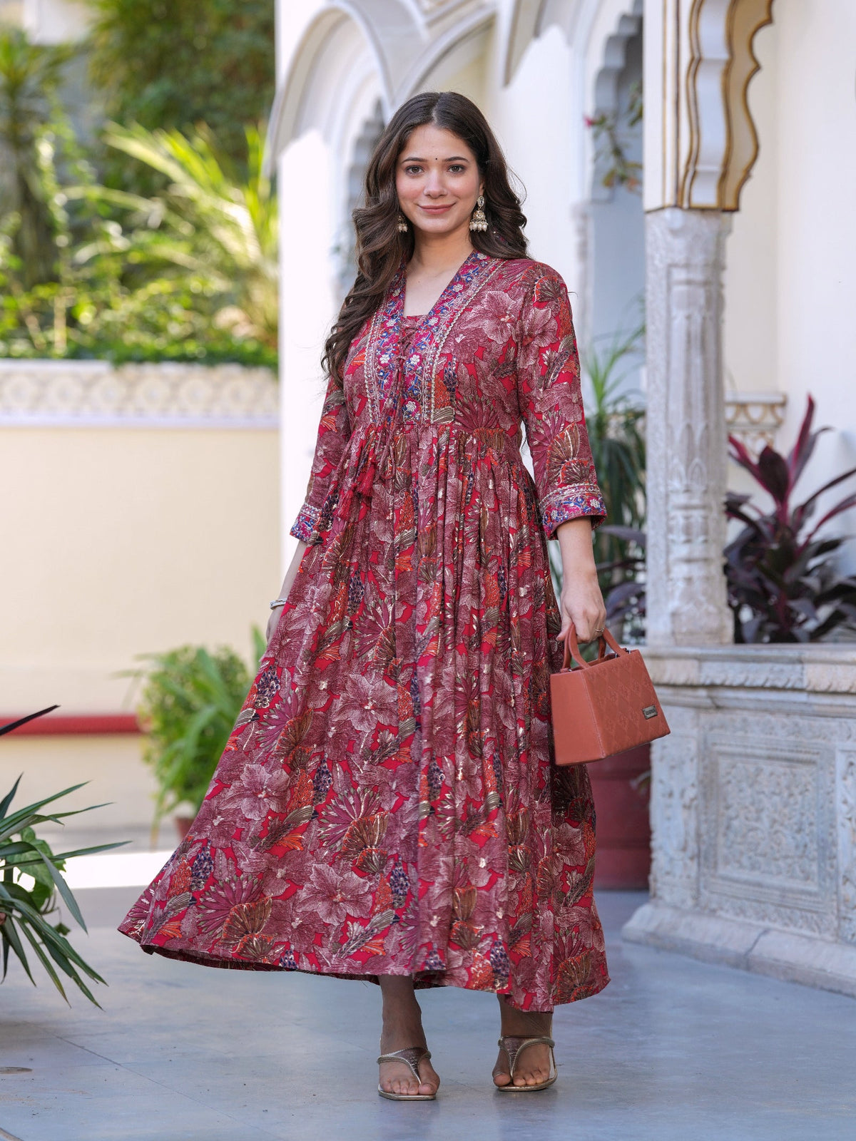 Rangvastra Maroon Floral Rayon Foil Kurta Gown