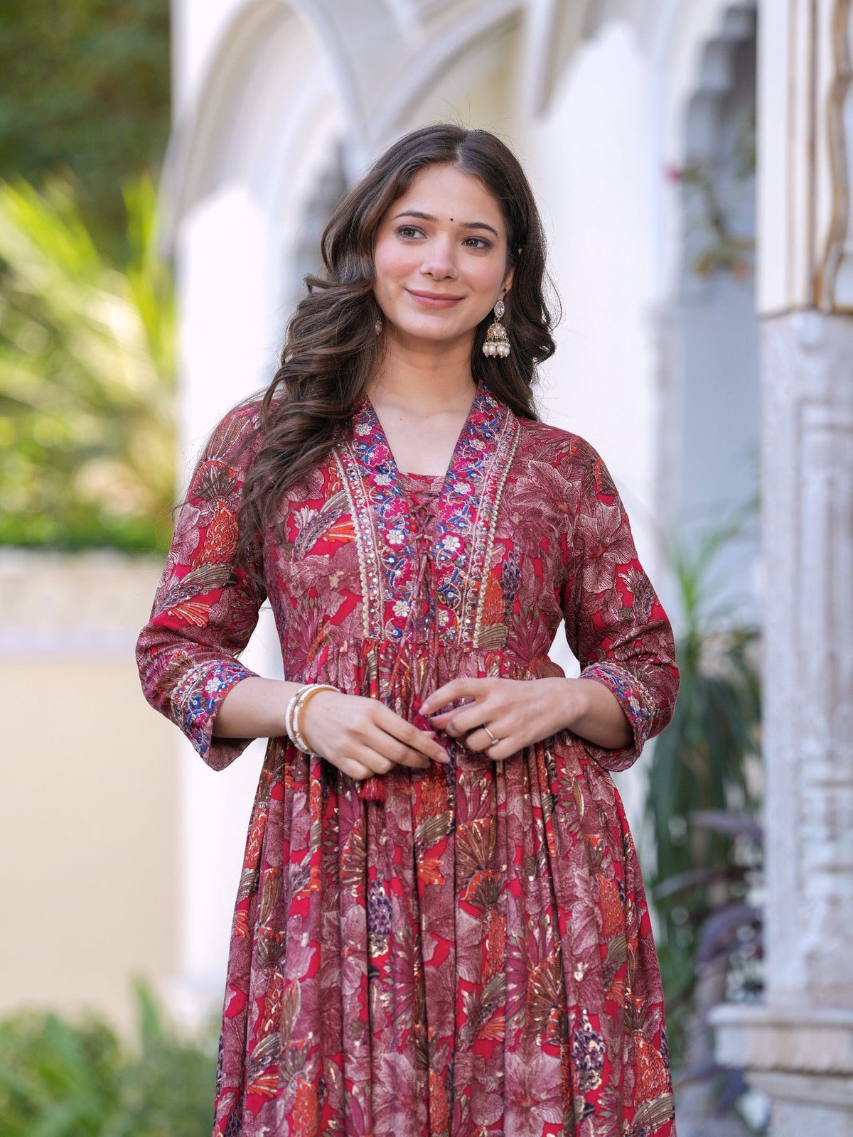 Rangvastra Maroon Floral Rayon Foil Kurta Gown