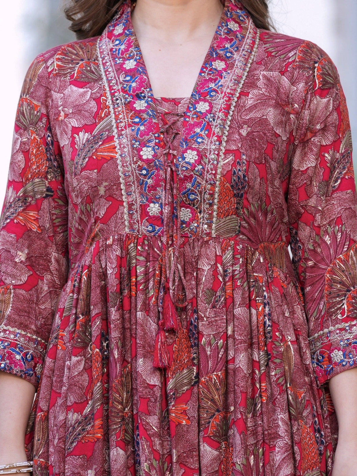 Rangvastra Maroon Floral Rayon Foil Kurta Gown