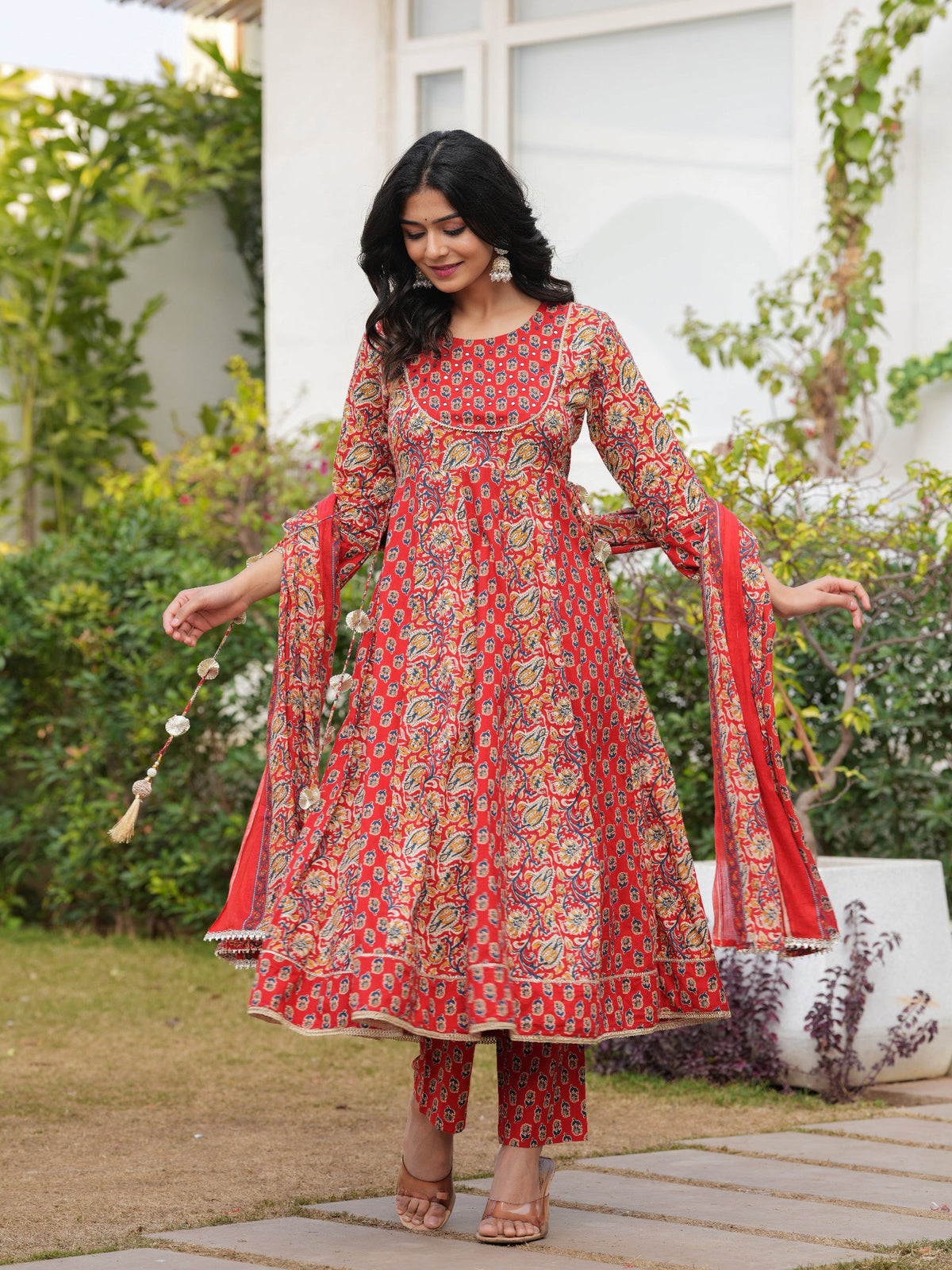 Rangvastra Maroon Cotton Printed Kurta Pant Dupatta Set
