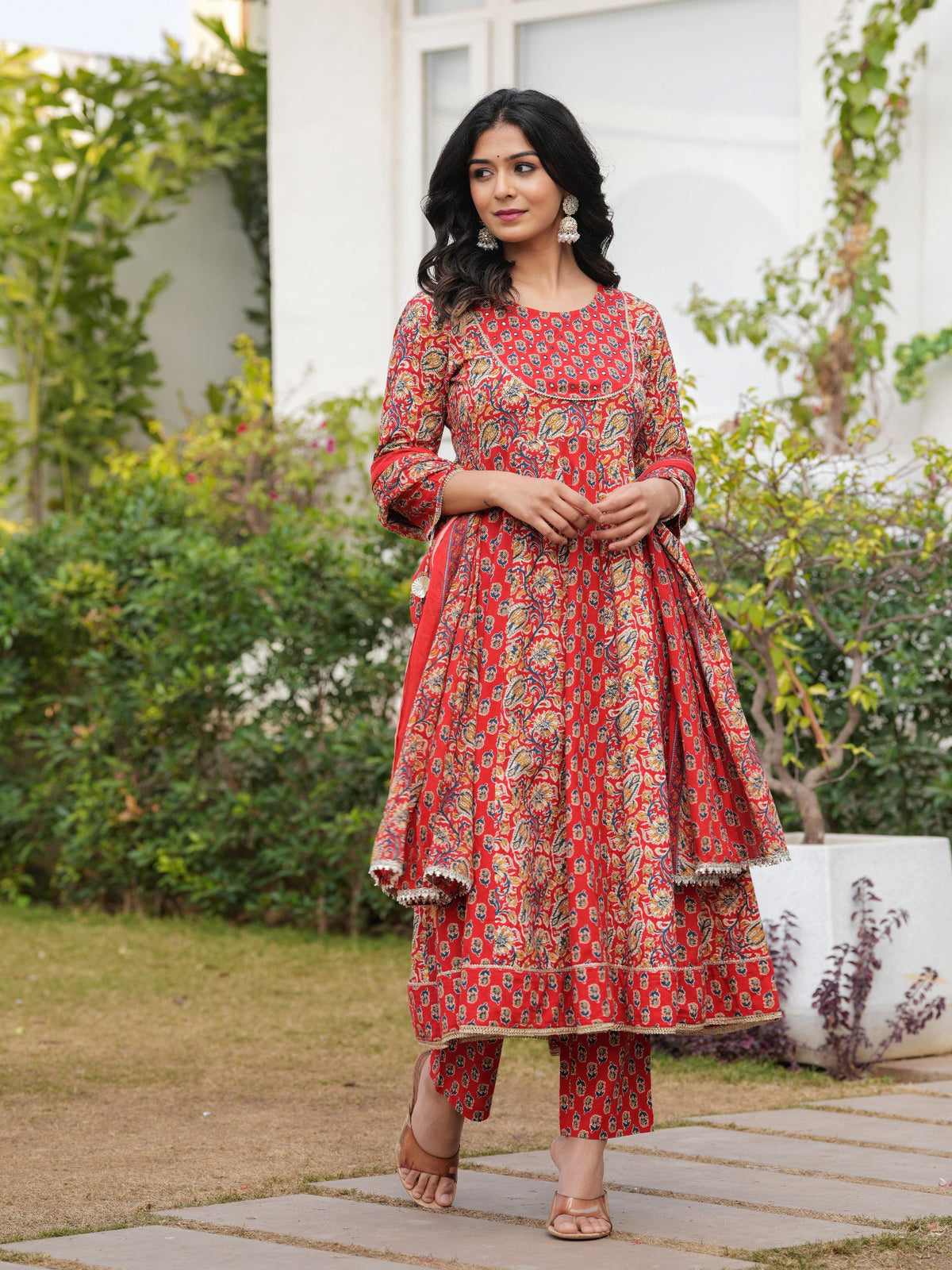 Rangvastra Maroon Cotton Printed Kurta Pant Dupatta Set