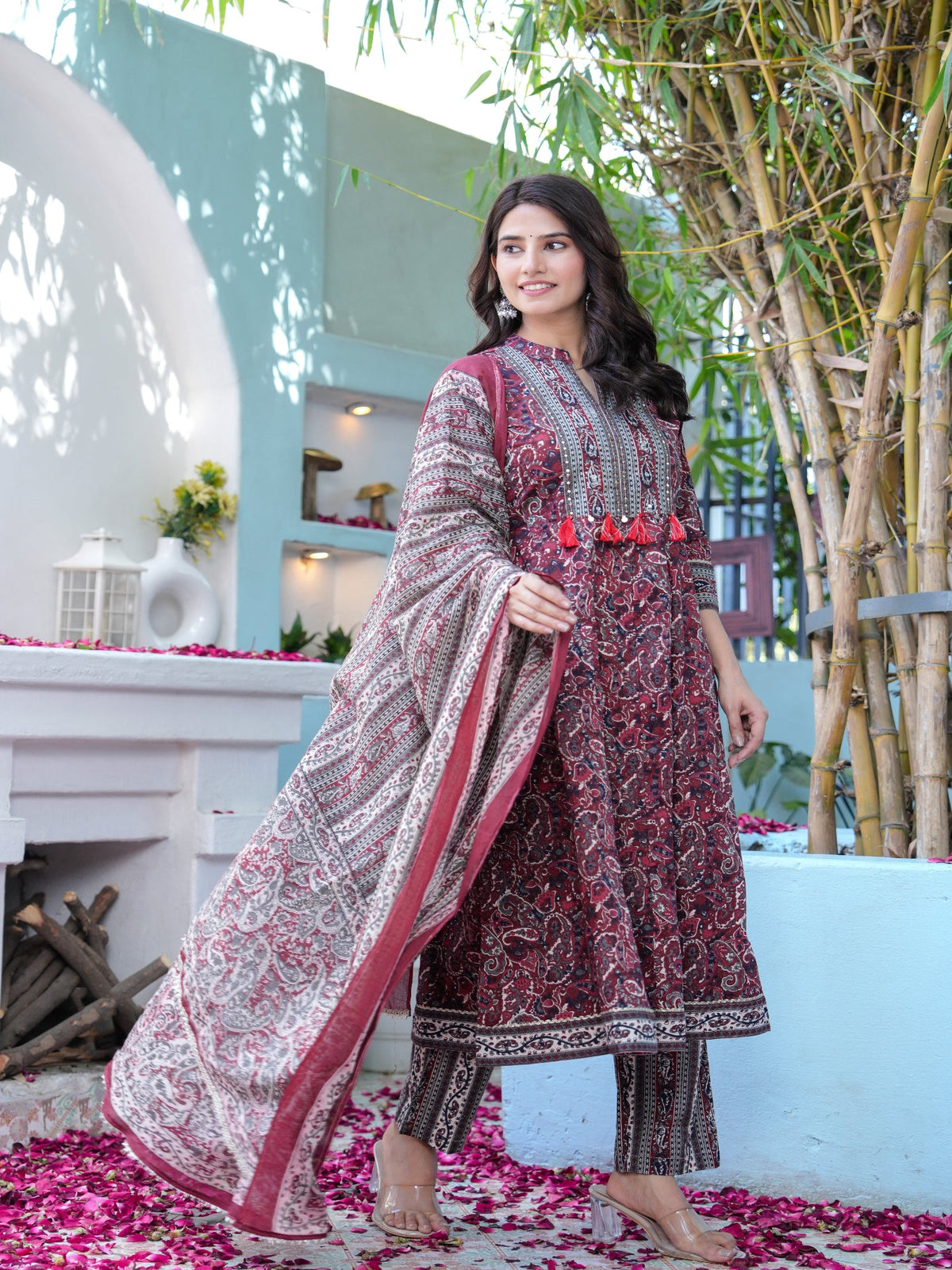 Rangvastra Maroon Cotton Emb. Printed Kurta Pant Dupatta Set