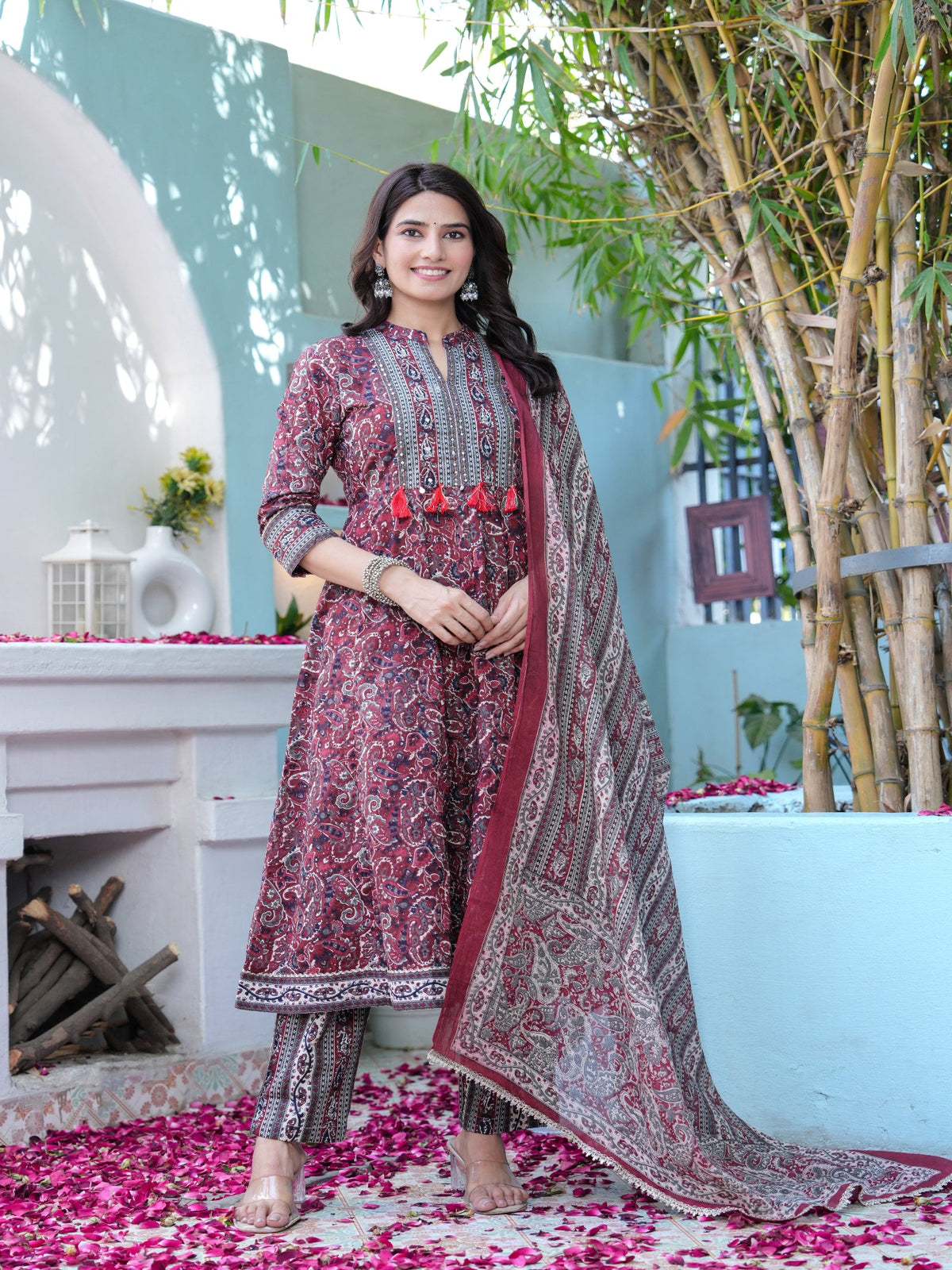 Rangvastra Maroon Cotton Emb. Printed Kurta Pant Dupatta Set