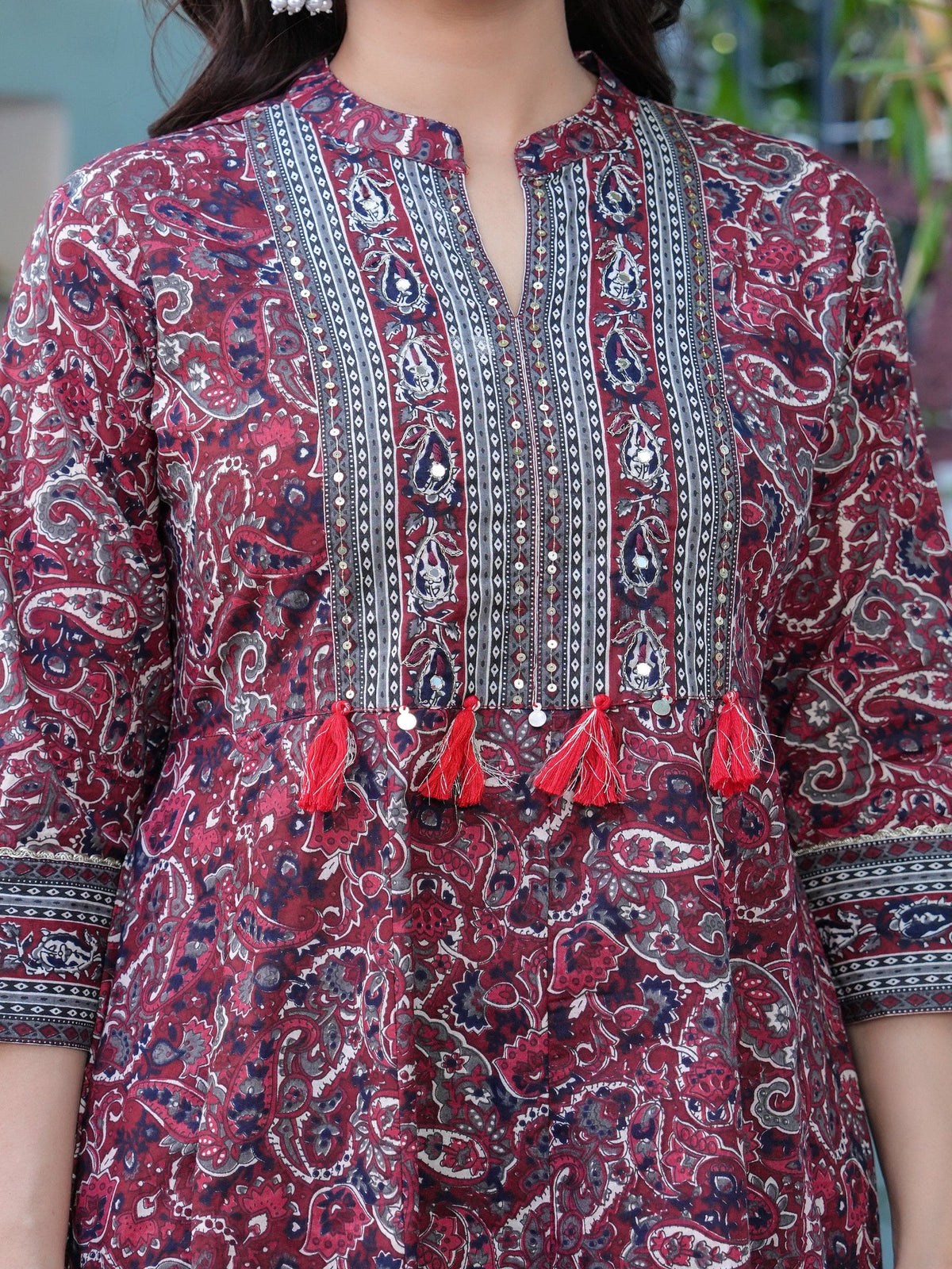 Rangvastra Maroon Cotton Emb. Printed Kurta Pant Dupatta Set