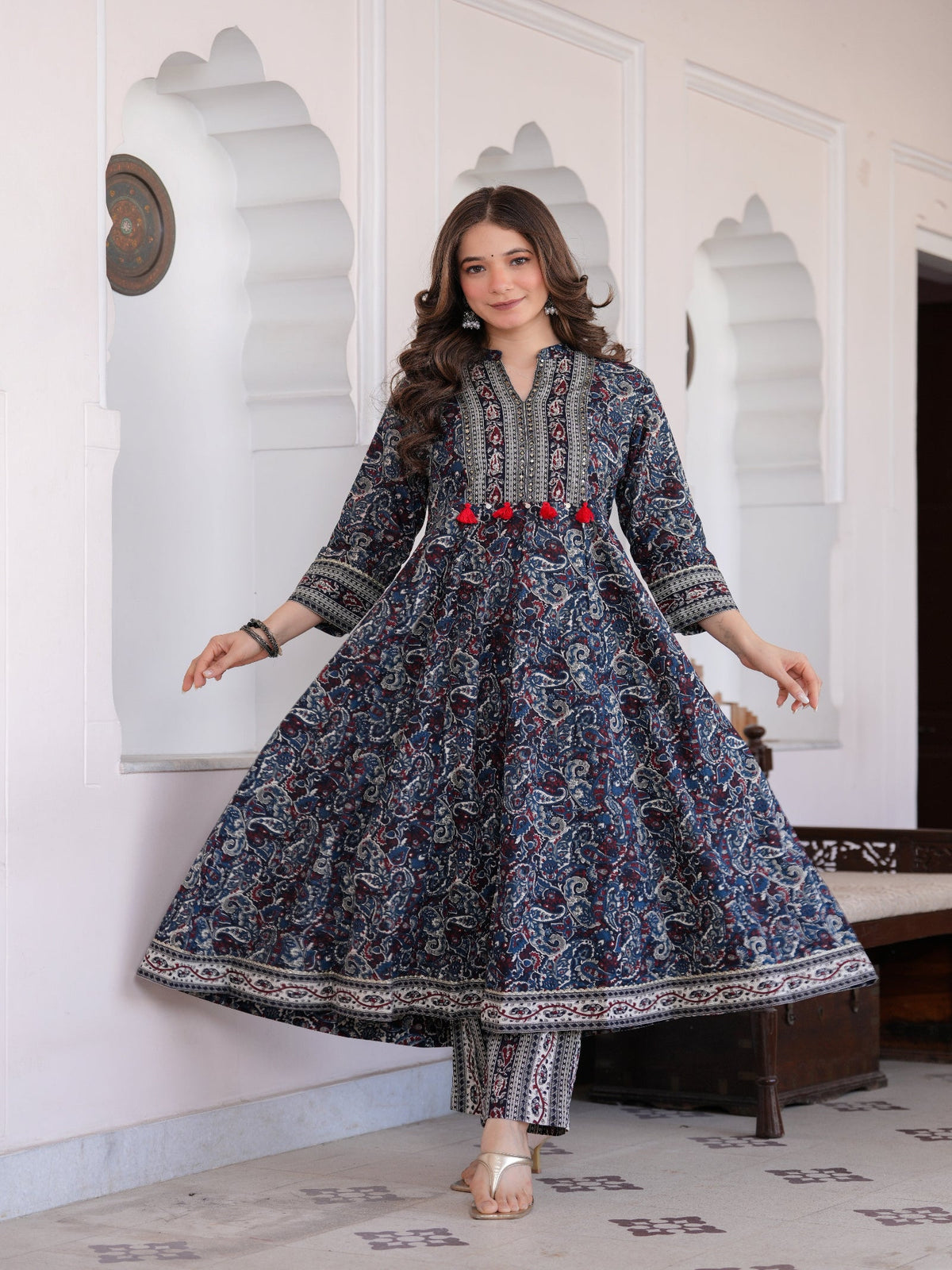 Rangvastra Blue Cotton Emb. Printed Kurta Pant Dupatta Set