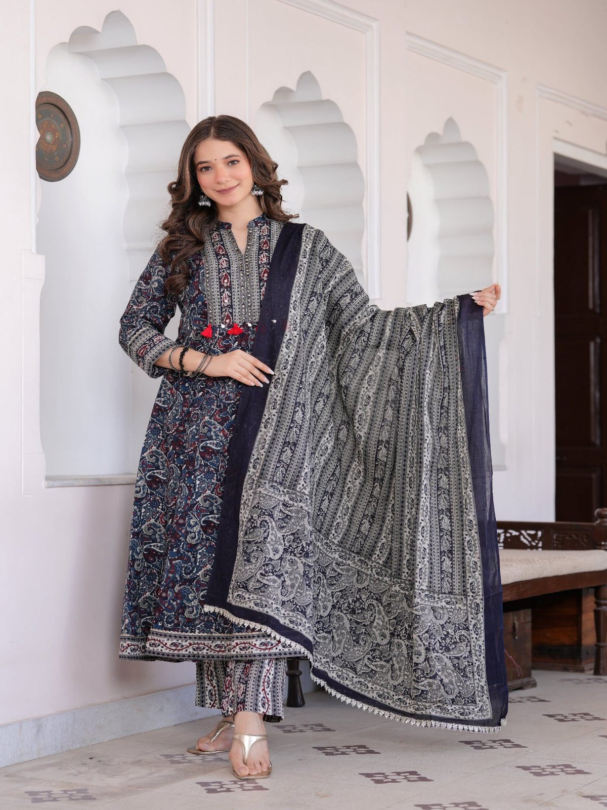 Rangvastra Blue Cotton Emb. Printed Kurta Pant Dupatta Set
