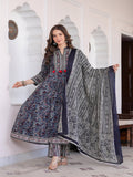 Rangvastra Blue Cotton Emb. Printed Kurta Pant Dupatta Set