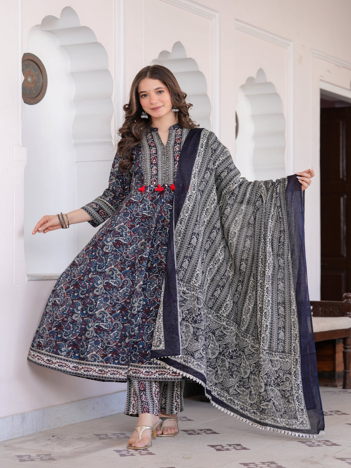 Rangvastra Blue Cotton Emb. Printed Kurta Pant Dupatta Set