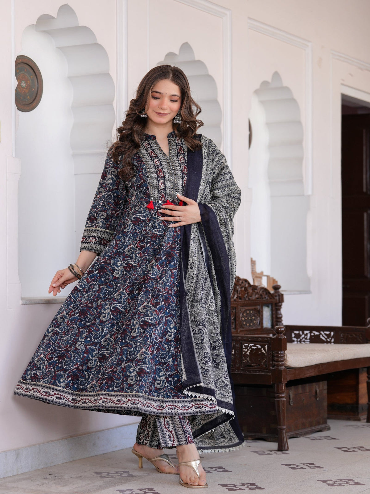 Rangvastra Blue Cotton Emb. Printed Kurta Pant Dupatta Set