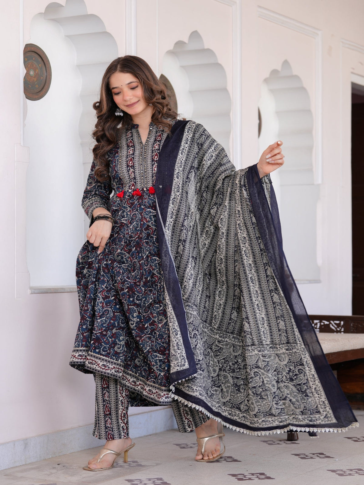 Rangvastra Blue Cotton Emb. Printed Kurta Pant Dupatta Set