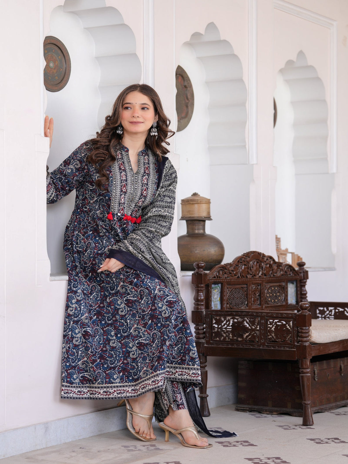Rangvastra Blue Cotton Emb. Printed Kurta Pant Dupatta Set